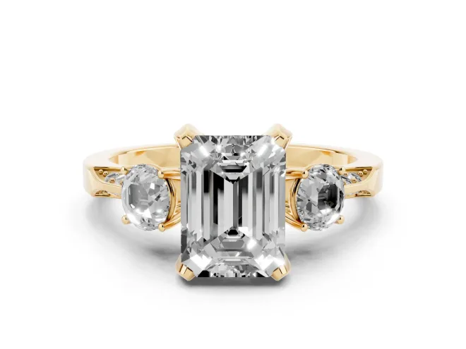 Fancy Green Emerald Cut Diamond Three-Stone Ring Set in Yellow gold with Pavé Band and Smaller Side Stones