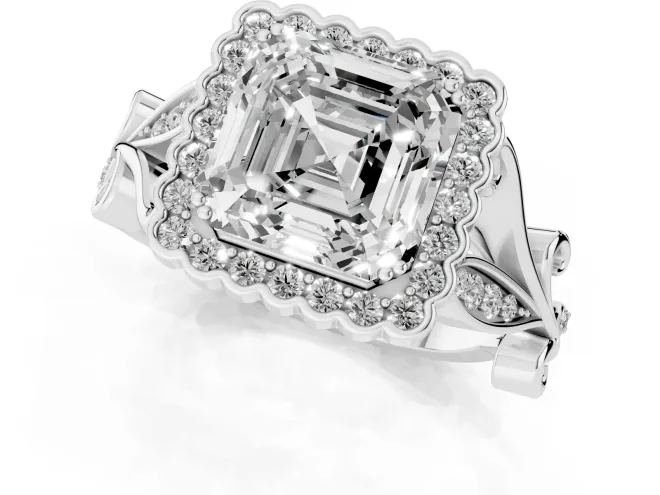 Asscher Cut Diamond Halo Ring Set in Silver with Leaf Motif Split Shank and Prong Setting – second view