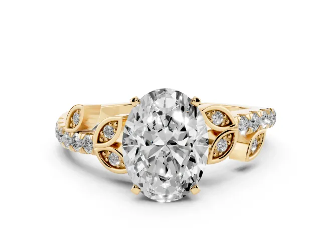 Oval Cut Diamond Solitaire Leaf-Inspired Ring Set in Yellow gold with Pavé Band and Prong Setting