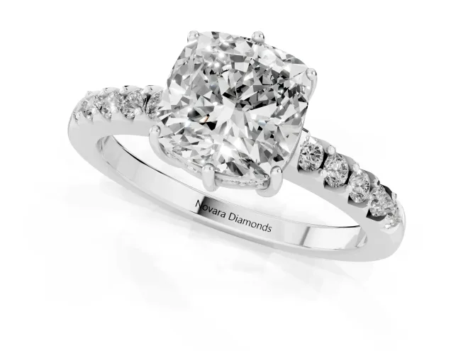 Cushion Cut Diamond Solitaire Engagement Ring Set in White gold with Pavé Band and Prong Setting – second view