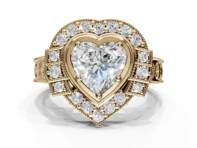 Heart-Shaped Vintage Halo Engagement Ring Setting | Art Deco Side Panels | Yellow Gold