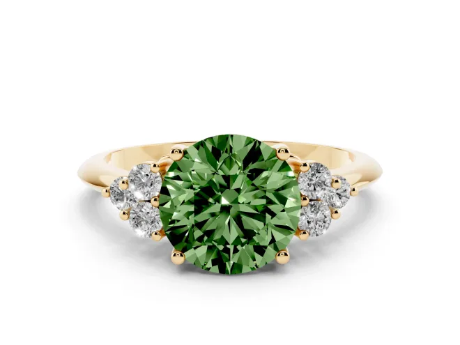Fancy Green Round Cut Diamond Cluster Ring Set in Yellow gold with Plain Band and Prong Setting