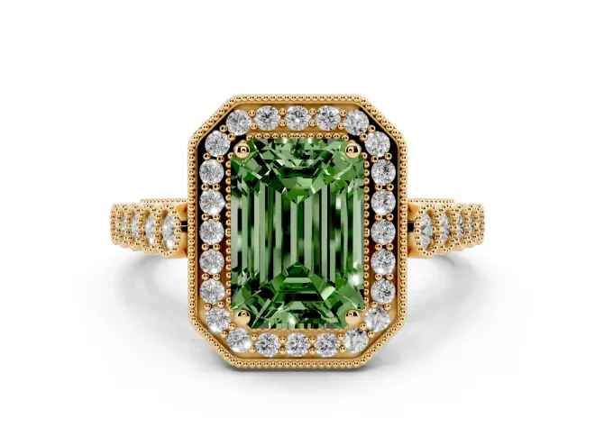 Emerald Cut Graduated Milgrain Halo Engagement Ring Setting for a Fancy Green Lab-Grown Diamond | Yellow Gold