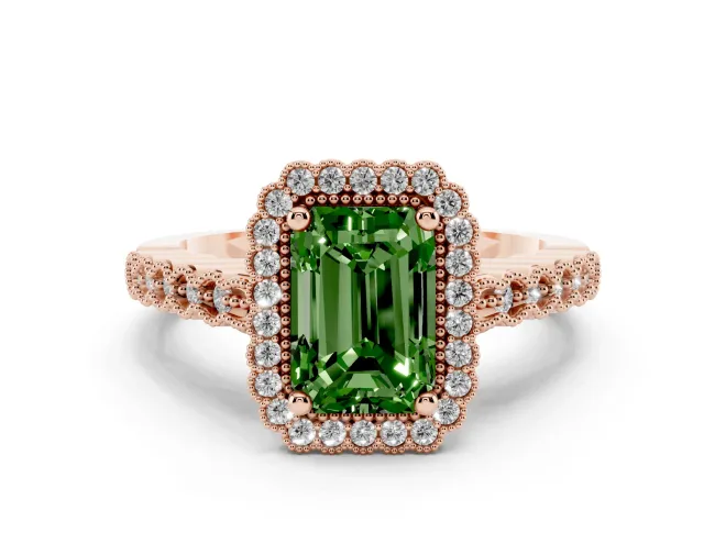 Fancy Green Radiant Cut Diamond Halo Ring Set in Rose gold with Pavé Milgrain Band