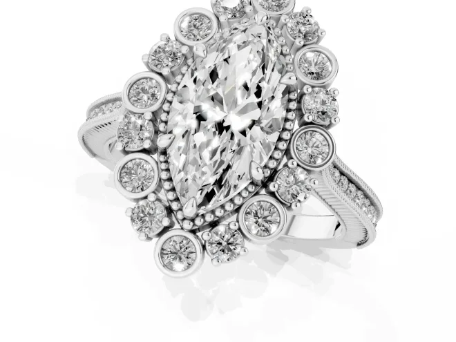Marquise Cut Diamond Halo Milgrain Pavé Ring Set in White gold with Prong Setting – second view