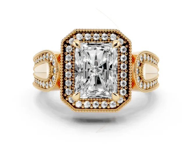 Radiant Cut Vintage Milgrain Halo Engagement Ring Setting | Open Loop Pavé Shoulders | Yellow Gold