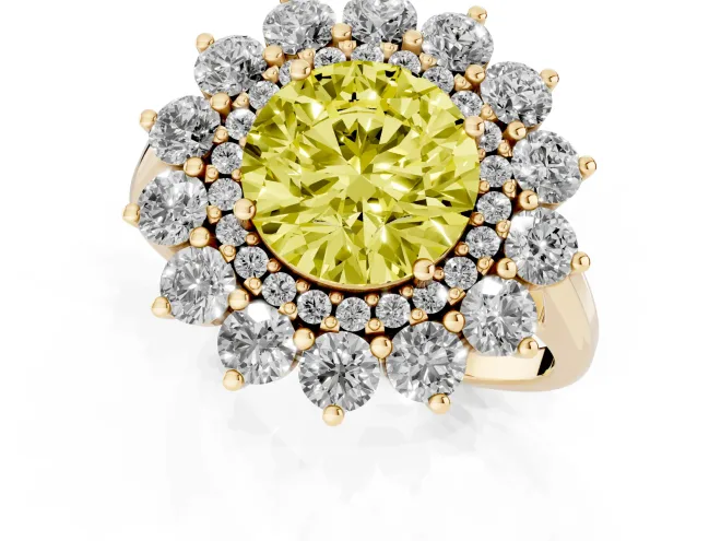 Fancy Yellow Round Cut Diamond Floral Double Halo Ring Set in Yellow gold with Round Petals – second view