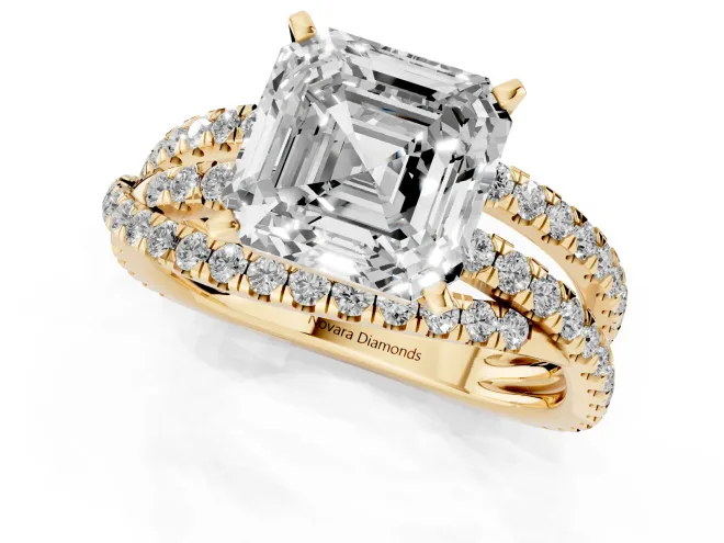 Asscher Cut Diamond Solitaire Twist Band Ring Set in Yellow gold with Pavé Setting and Prong Head – second view