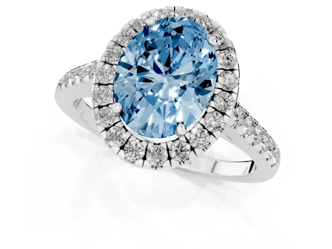 Fancy Blue Oval Cut Diamond Halo Pavé Engagement Ring Set in Platinum with Prong Setting – second view