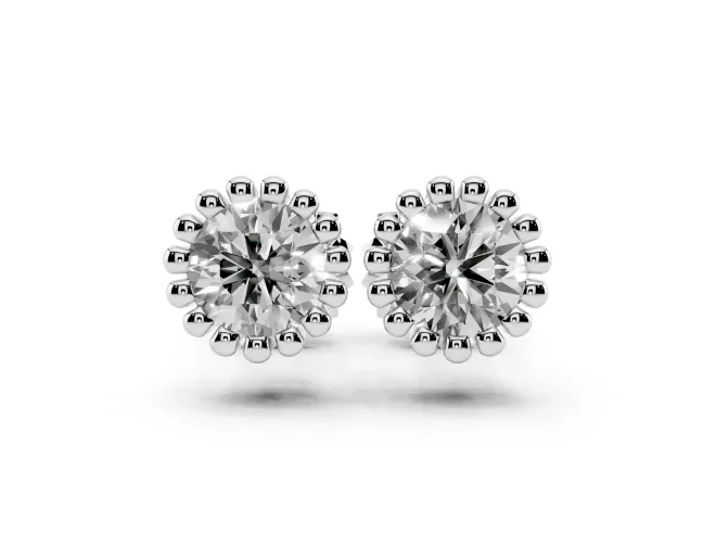 Round Lab-Grown Diamond Scalloped Solitaire Stud Earrings | Beaded Crown Head | Sterling Silver