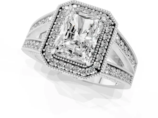 Radiant Cut Diamond Halo Ring Set in Silver with Stone-Set Split Shank and Milgrain Edges – second view