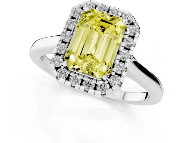 Fancy Yellow Emerald Cut Halo Round Diamond Solitaire Ring Set in Silver with Pavé Band and Prong Setting – second view