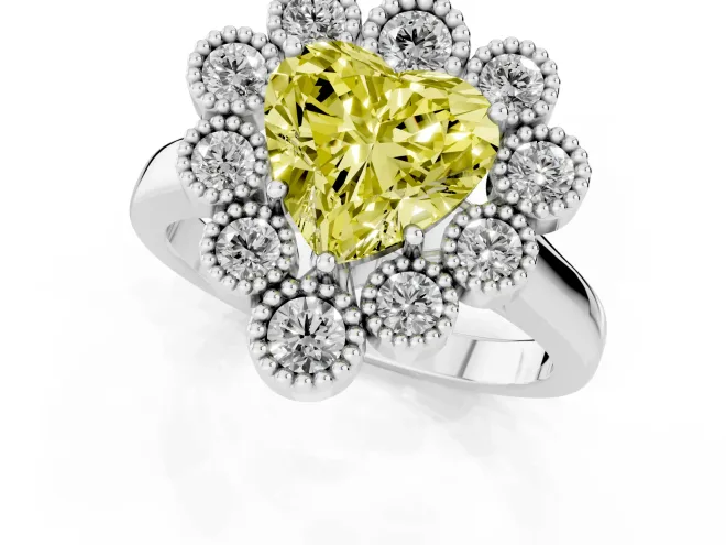 Fancy Yellow Heart Cut Diamond Cluster Halo Ring Set in Platinum with Milgrain Bezel Accents and Plain Band – second view