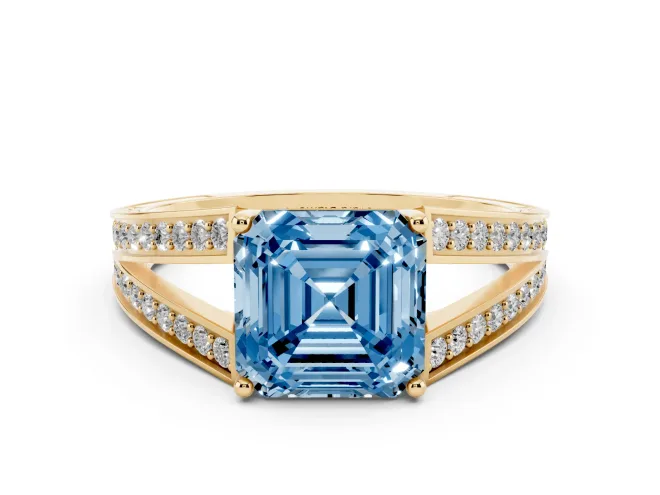 Asscher Cut Split Shank Pavé Engagement Ring Setting for a Fancy Blue Lab-Grown Diamond | Yellow Gold