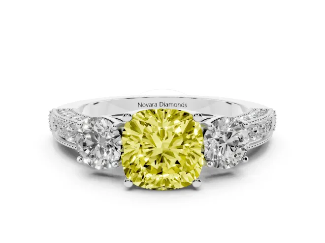 Fancy Yellow Cushion Cut Diamond Three-Stone Ring Set in White gold with Round Side Stones and Pavé Band