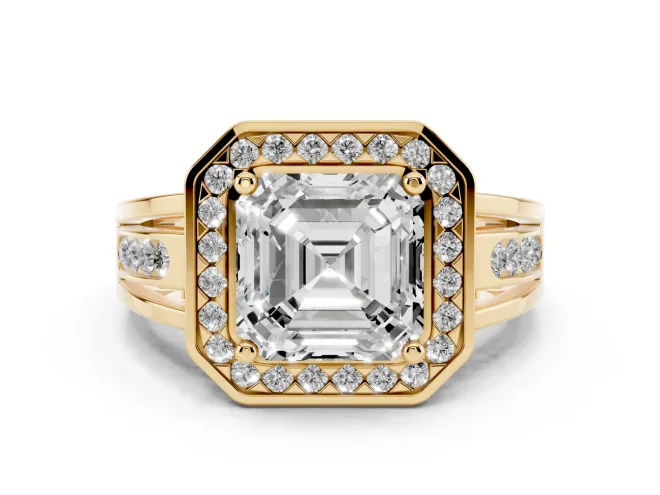 Asscher Cut Vintage Halo Engagement Ring Setting | Channel-Set Split Shank | Yellow Gold