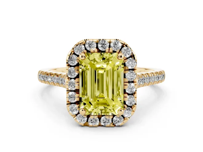 Emerald Cut Halo Engagement Ring Setting for a Fancy Yellow Lab-Grown Diamond | Tapered Band | Yellow Gold