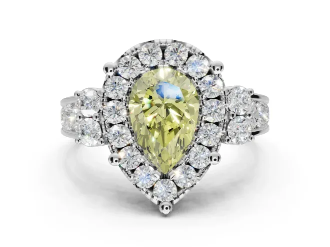 Pear-Shaped Halo Engagement Ring Setting for a Fancy Yellow Lab-Grown Diamond | Graduated Channel Band | White Gold