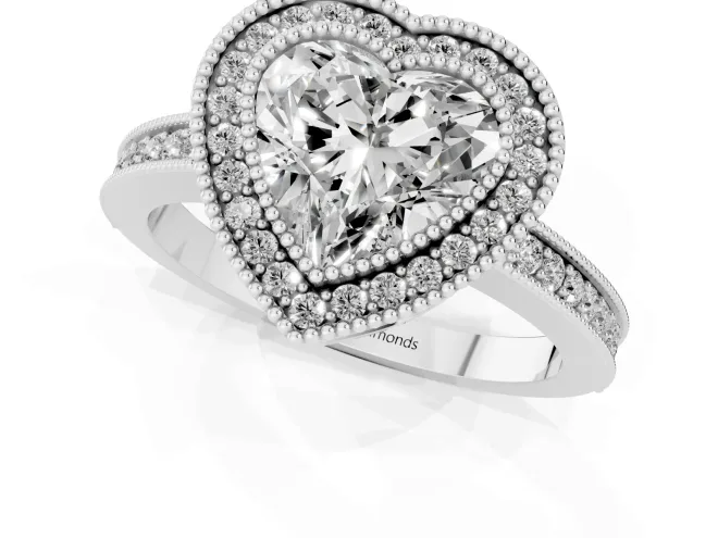 Heart-Shaped Double Milgrain Halo Engagement Ring Setting | Pave Band | Sterling Silver – second view
