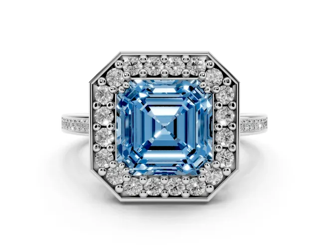 Asscher Cut Halo Engagement Ring Setting for a Fancy Blue Lab-Grown Diamond | Polished Halo Rim | White Gold