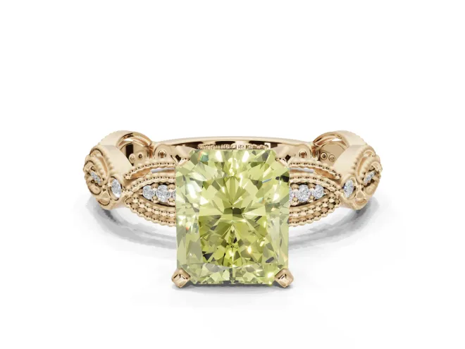 Radiant Cut Vintage Engagement Ring Setting for a Fancy Yellow Lab-Grown Diamond | Graduated Stations | Yellow Gold