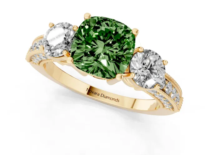 Fancy Green Cushion Cut Diamond Three-Stone Ring Set in Yellow gold with Round Side Stones and Pavé Band – second view
