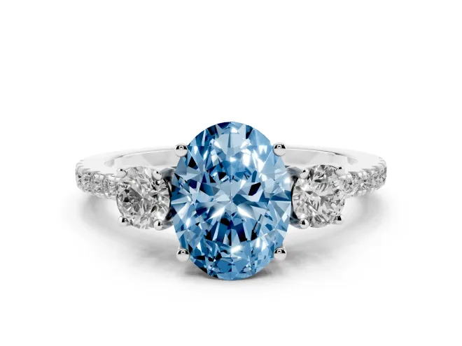 Oval Three Stone Engagement Ring Setting for a Fancy Blue Lab-Grown Diamond | Pave Shoulders | Sterling Silver