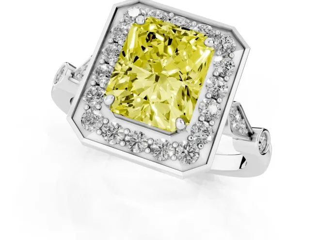 Fancy Yellow Radiant Cut Diamond Halo Engagement Ring Set in Platinum with Twisted Band and Prong Setting – second view