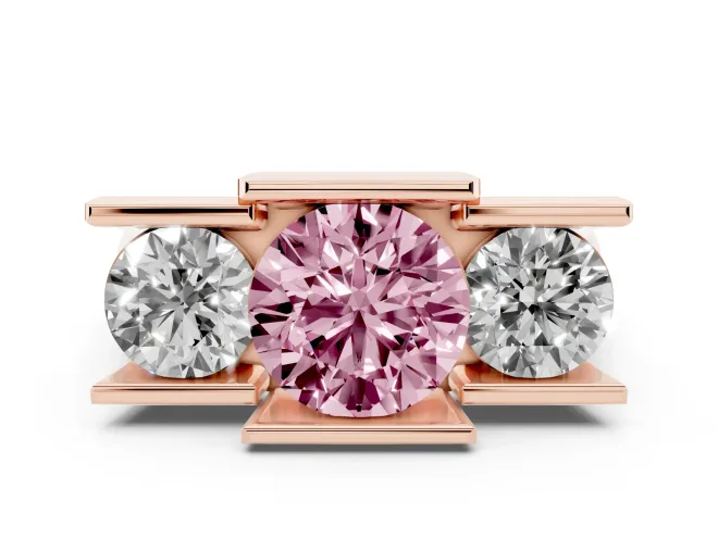 Round Channel-Set Three Stone Engagement Ring Setting for a Fancy Pink Lab-Grown Diamond | Rose Gold
