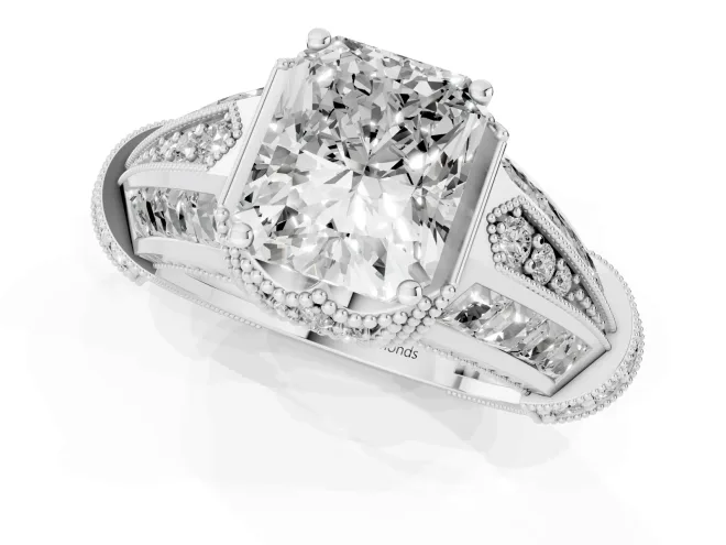 Radiant Cut Diamond Vintage-Inspired Milgrain Ring Set in Platinum with Accent Split Shank – second view
