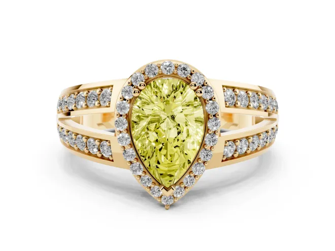 Pear-Shaped Halo Engagement Ring Setting for a Fancy Yellow Lab-Grown Diamond | Two-Row Pavé Split Shank | Yellow Gold