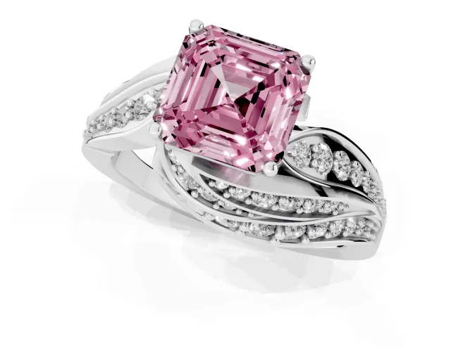 Fancy Pink Asscher Cut Diamond Solitaire Ring Set in Silver with Layered Twist Pavé Band – second view