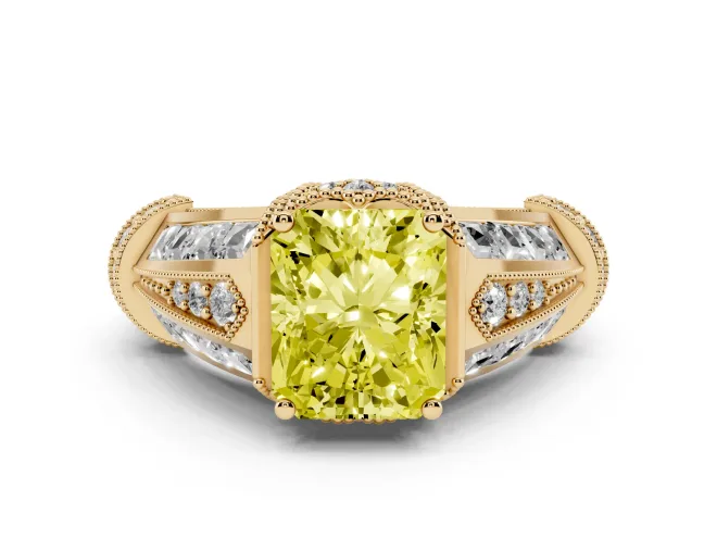 Fancy Yellow Radiant Cut Diamond Vintage-Inspired Milgrain Ring Set in Yellow gold with Accent Split Shank