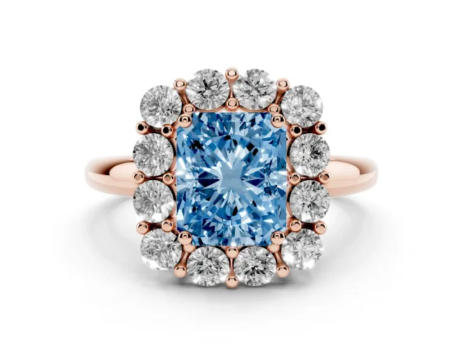 Radiant Cut Cluster Halo Engagement Ring Setting for a Fancy Blue Lab-Grown Diamond | Large Round Accents | Rose Gold