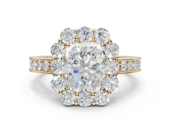 Radiant Cut Vintage Halo Engagement Ring Setting | Milgrain Channel Band | Yellow Gold