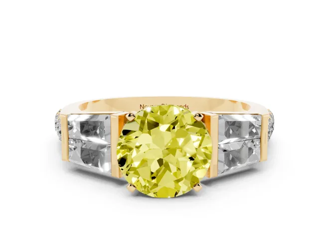 Round Channel Set Baguette Engagement Ring Setting for a Fancy Yellow Lab-Grown Diamond | Paired Baguettes | Yellow Gold