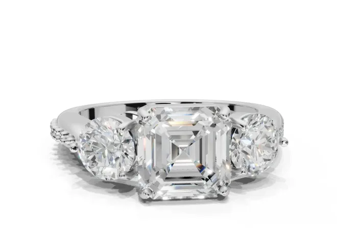 Asscher Cut Three Stone Engagement Ring Setting | Tapered Pavé Band | White Gold