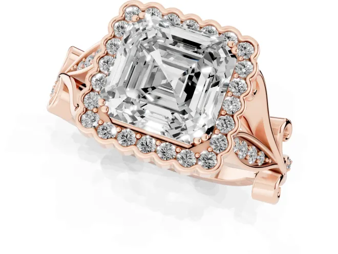 Asscher Cut Diamond Halo Ring Set in Rose gold with Leaf Motif Split Shank and Prong Setting – second view