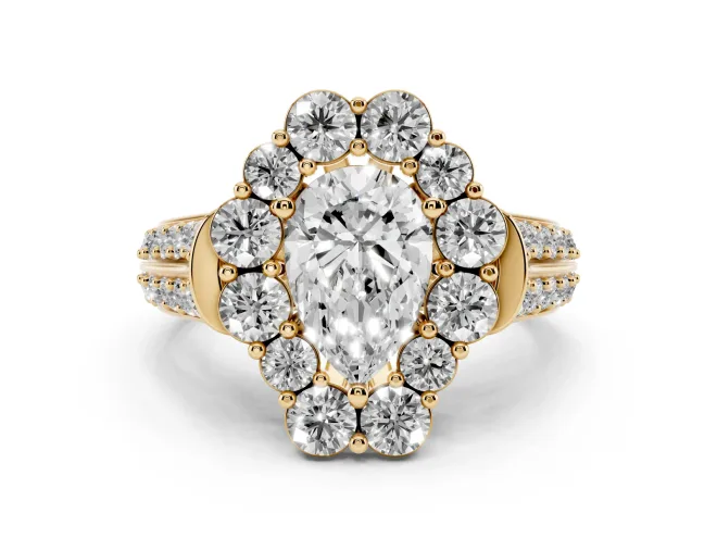 Pear Cut Diamond Halo Engagement Ring Set in Yellow gold with Split Shank and Prong Setting
