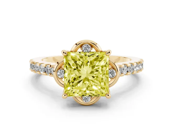 Fancy Yellow Princess Cut Diamond Solitaire Ring Set in Yellow gold with Pavé Band and Floral Prong Setting