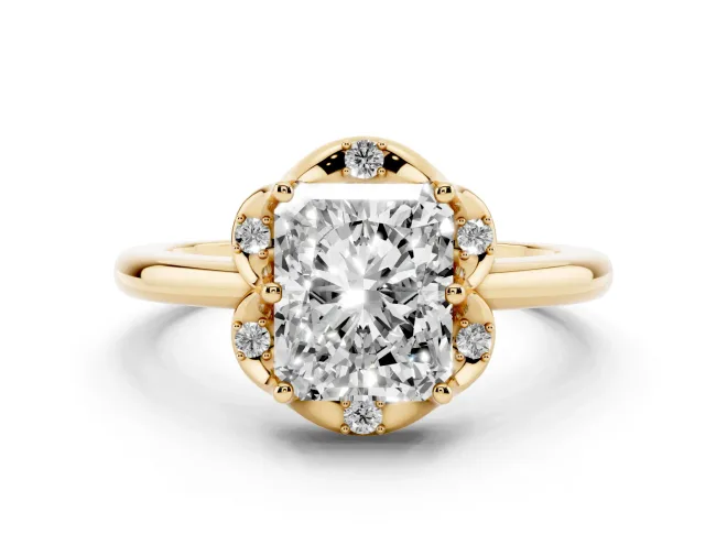 Radiant Cut Diamond Round Cluster Halo Ring Set in Yellow gold with Solitaire Band and Prong Setting