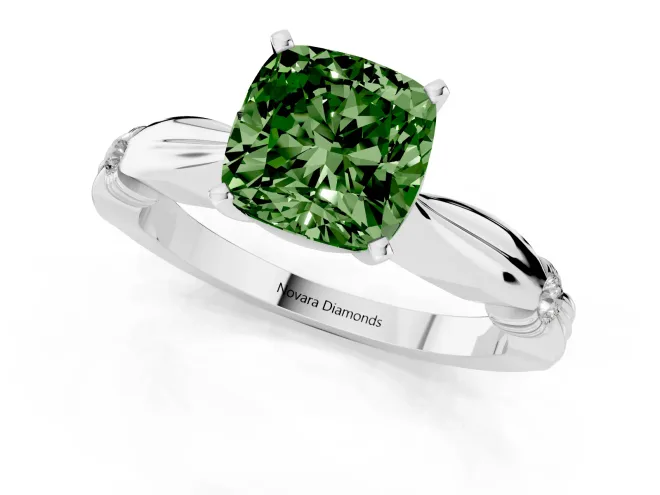 Fancy Green Cushion Cut Diamond Solitaire Twisted Band Ring Set in White gold with Accent Stones and Prong Setting – second view