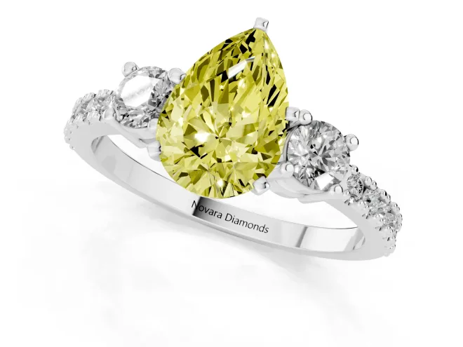 Fancy Yellow Three-Stone Pear Cut Diamond Pavé Band Ring Set in White gold with Prong Setting – second view
