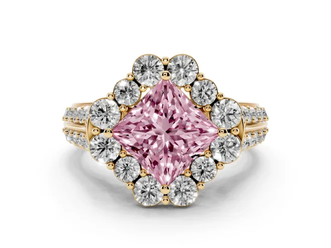 Princess Cut Large Accent Halo Engagement Ring Setting for a Fancy Pink Lab-Grown Diamond | Graduated Pavé | Yellow Gold