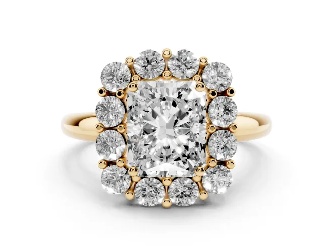 Radiant Cut Diamond Halo Cluster Engagement Ring Set in Yellow gold with Polished Band and Prong Setting