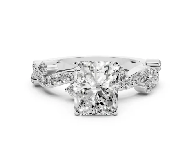 Radiant Cut Twisted Pavé Solitaire Engagement Ring Setting | Bar Stations | Sterling Silver
