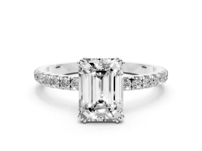 Emerald Cut Pavé Solitaire Engagement Ring Setting | Double Claw Prongs | Sterling Silver