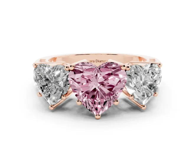 Fancy Pink Heart Cut Diamond Three-Stone Ring Set in Rose gold with Textured Band