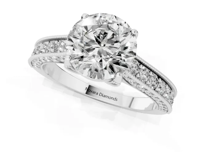 Round Cut Diamond Solitaire Ring Set in Platinum with Milgrain-Edged Pavé Band and Prong Setting – second view