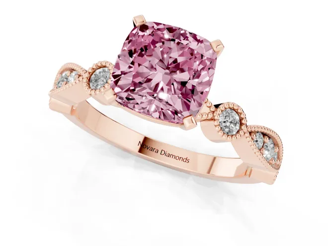 Fancy Pink Cushion Cut Diamond Solitaire Engagement Ring Set in Rose gold with Milgrain Bezel Accent Band – second view
